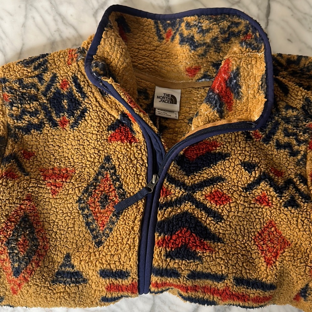 NORTH FACE women’s brown print Teddy Sherpa like jacket soft zip up L large 10